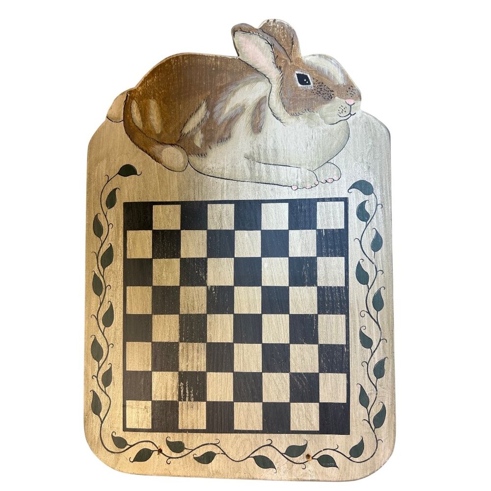 Handcrafted Wood Checkerboard with 2 Pegs Judy Phipps Easter Rabbit Wall Hanging